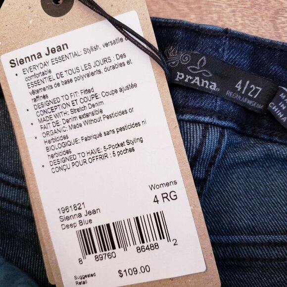 Prana Sienna Womens Jeans Skinny 4/27 x 31" Regular Stretch Mid Rise Deep Blue - Picture 10 of 14